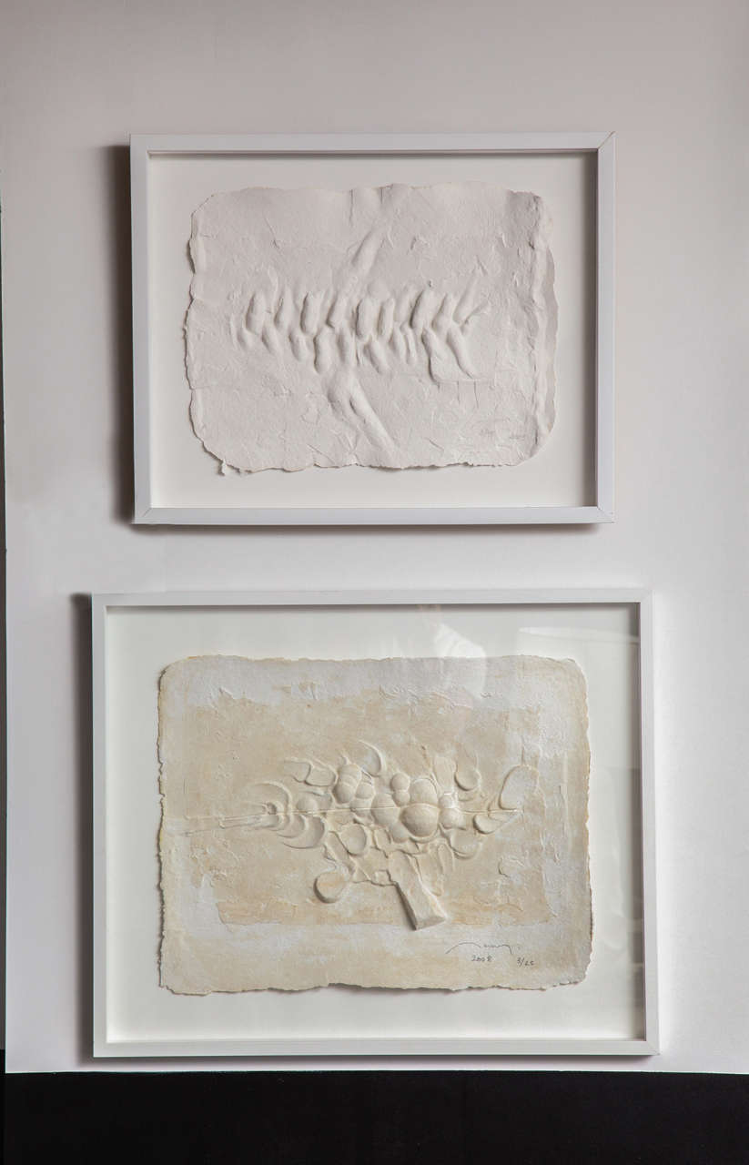 Pair of French moquettes for bronze sculptures mounted and framed for an all white story.
Signed, dated 2009