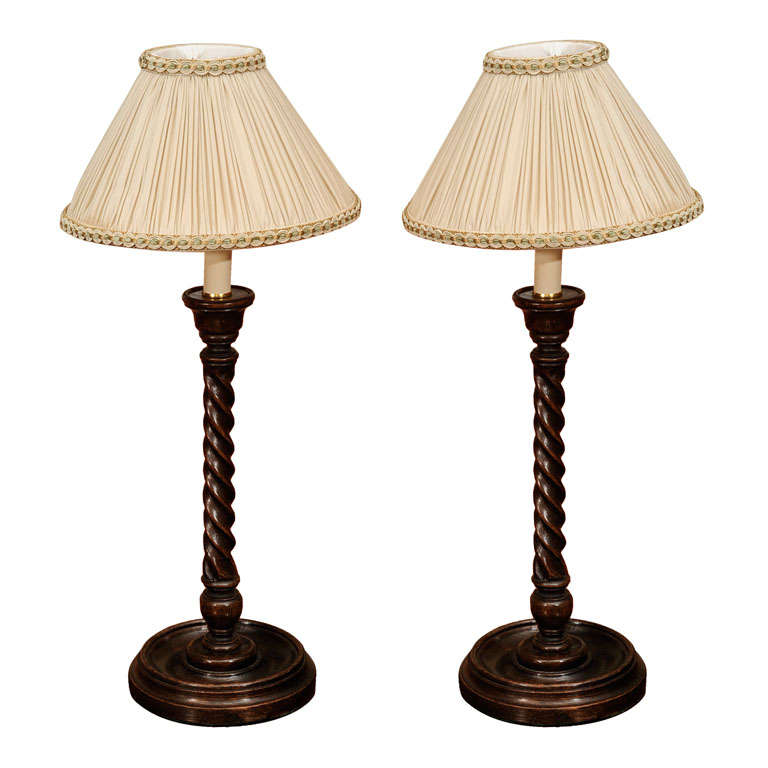 Pair of English oak barley twist candle-stick lamps