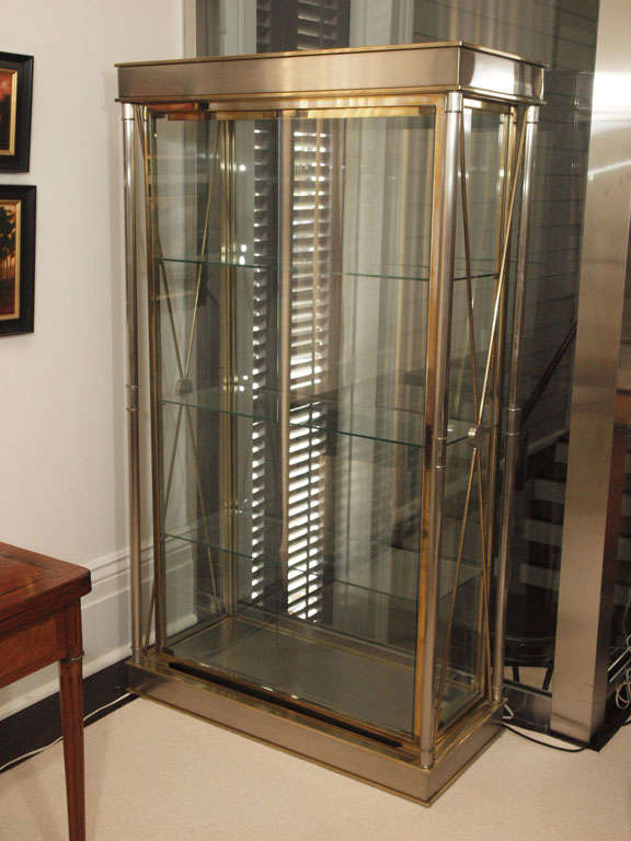 Extraordinary illuminated vitrine in polished steel with brass detailing; two center doors with 