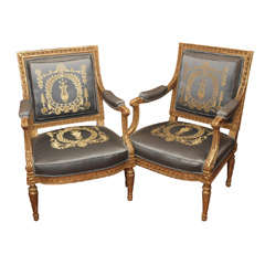Pair Antique French Louis XVI Original Gilded Armchairs