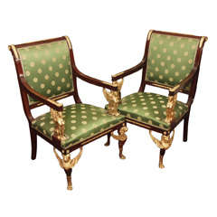 Pair Antique French Empire Mahogany and Ormulu Armchairs