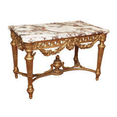 Antique French Fine Gold Leaf Carved Wood Marble Top Salon Table