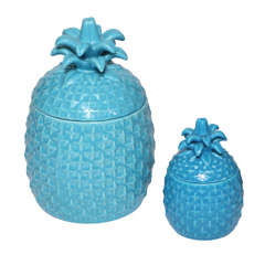 Pair of Turquoise Ceramic Pineapple Lidded Containers