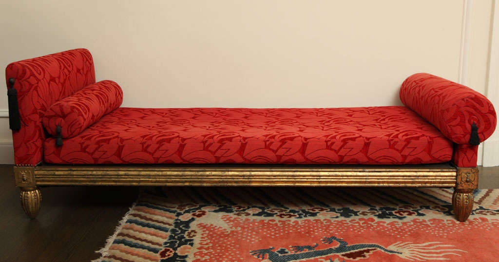 Exquisite daybed by Armand Albert Rateau (1882-1938) with carved giltwood frame ending in tapering bun feet.
Stamped twice: A A RATEAU/ 6183.

Provenance:
Jeanne Lanvin, Paris.
Christie's New York, December 17, 2002, Lot #110

Literature:
Pierre