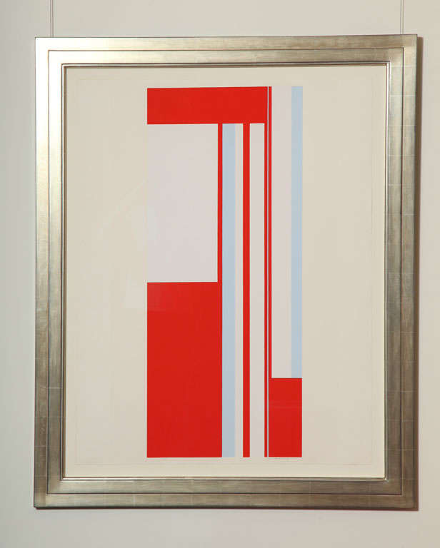 This is a screen-print in colors. It is a abstract geometric theme.
  
Ilya Bolotowsky
American/Russian, 1907-1981

Series 1
circa 1970
screen-print in colors
Signed Ilya Bolotowsky in pencil and numbered 14/125
Framed in white gold frame

Sheet: 39