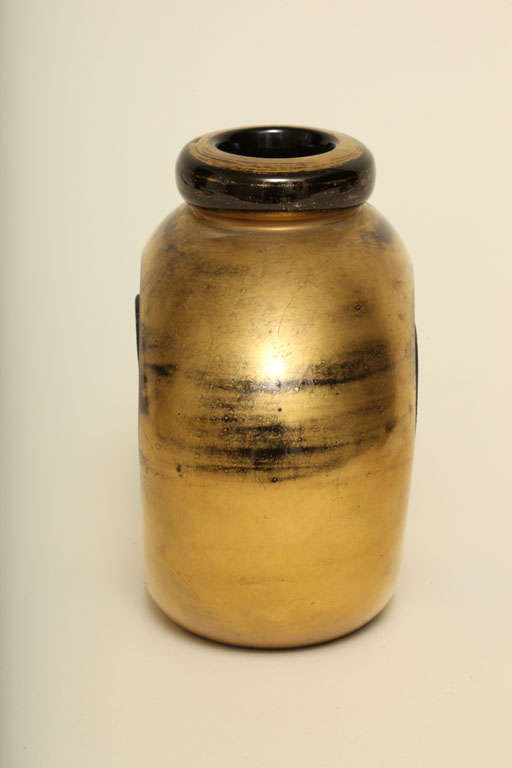 20th Century Jean Luce French Art Deco Gilded and Etched Black Glass Vase For Sale