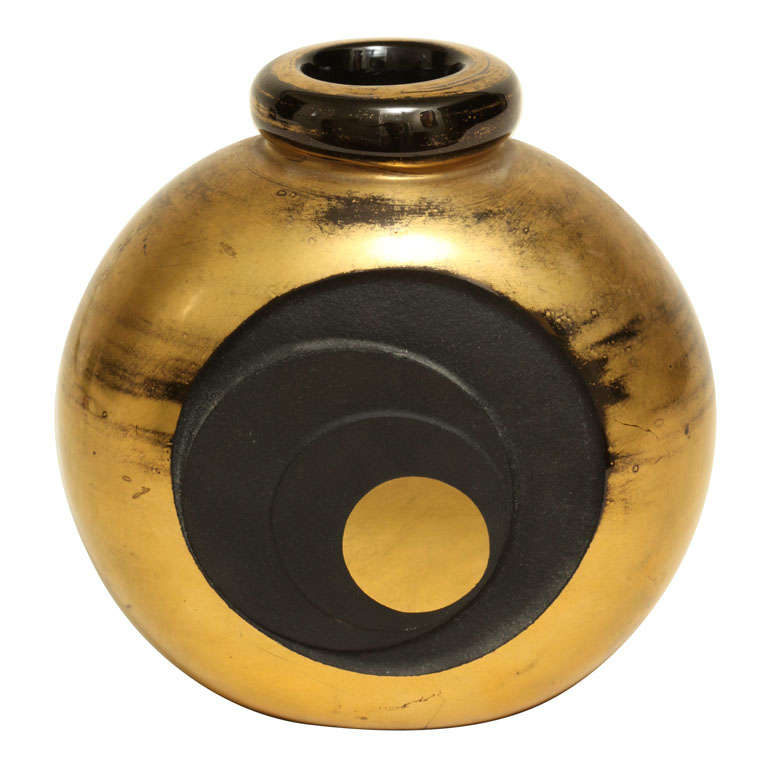 Jean Luce French Art Deco Gilded and Etched Black Glass Vase For Sale