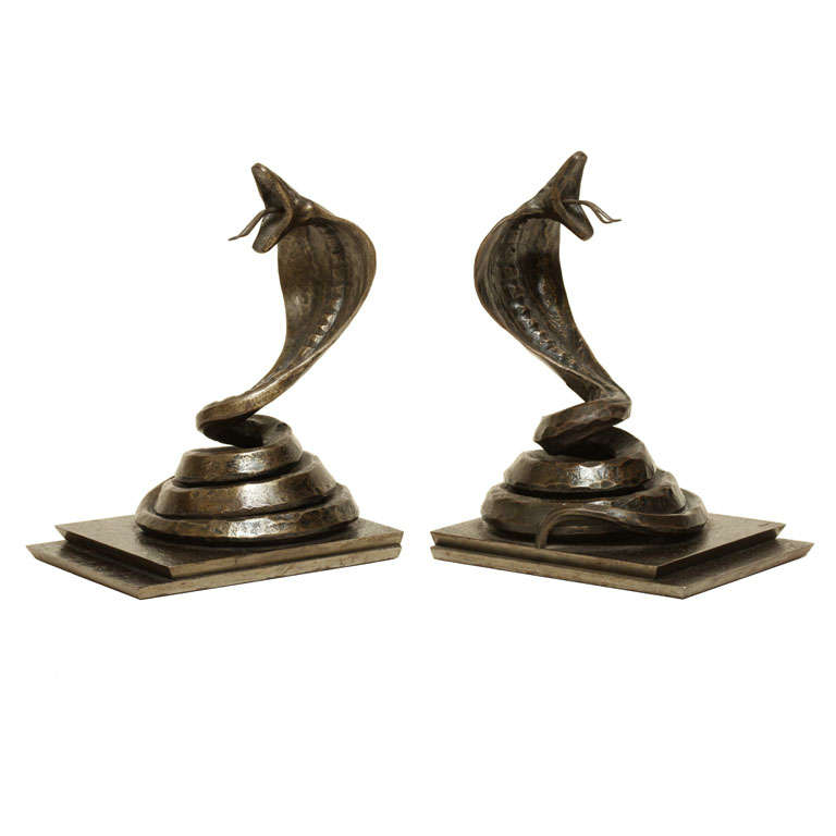 Edgar Brandt French Art Deco Pair of Wrought Iron Cobra Bookends For Sale