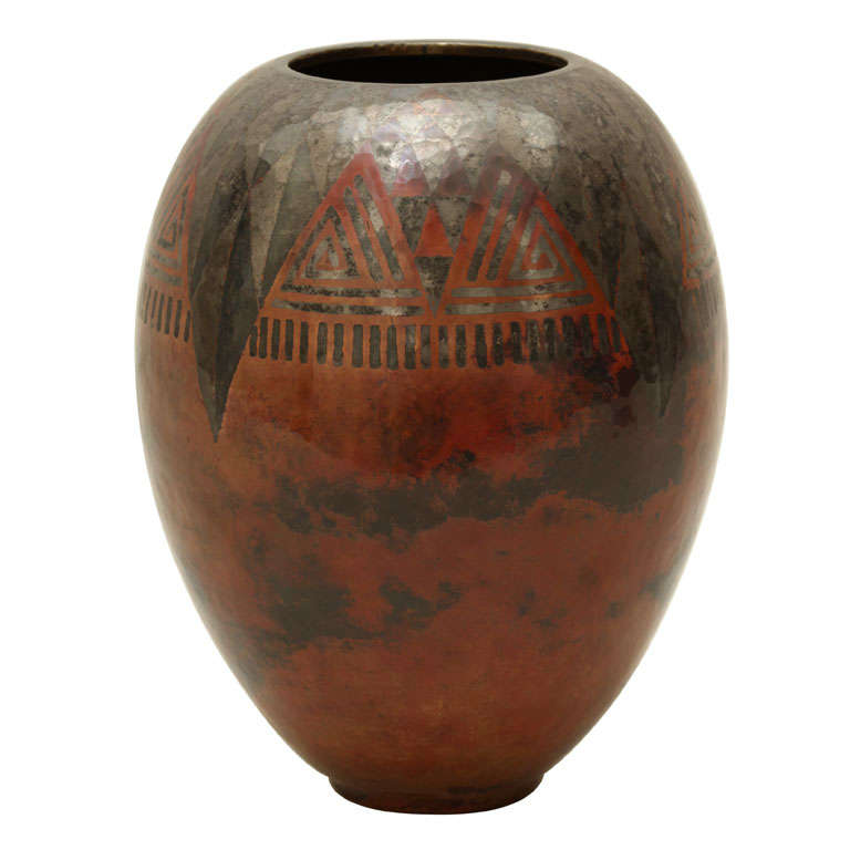 Claudius Linossier French Art Deco Copper and Silver Dinanderie Vase
