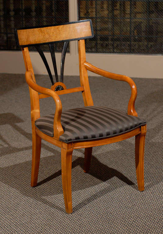The fruitwood Biedermeier style armchair has a curved top rail of birdseye maple in an ebonized frame.  The square open back holds ebonized fan shaped splats that come together at a crescent shaped rosette on the bottom rail. Goose neck arms
