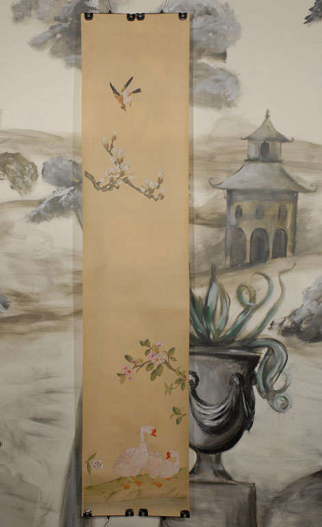 Lovely panoramic scene of flora and fauna hand painted in a chinoiserie style onto six panels.