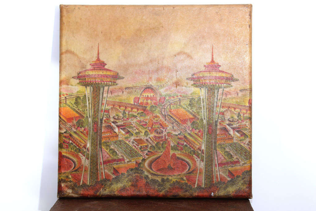 Vintage card table with fold-away legs and a surface covered in a whimsical Seattle World's Fair scene, just in time for the 50th anniversary of the Century 21 Expo in 2012.  Make use of this as a table or as a decorative art piece on the wall.