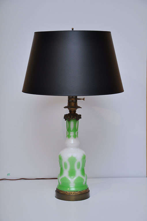 Bristol Green & White Opaline Oil Lamp, England, Circa 1850