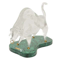 Glass Bull Mounted on Malachite and 18K Gold signed