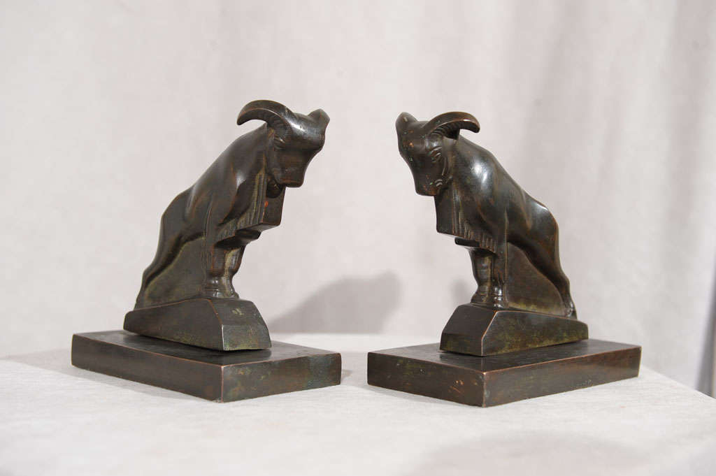 Art Deco Bronze Bookends of Rams Marked "French Indo-China"