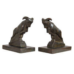 Art Deco Bronze Bookends of Rams Marked "French Indo-China"
