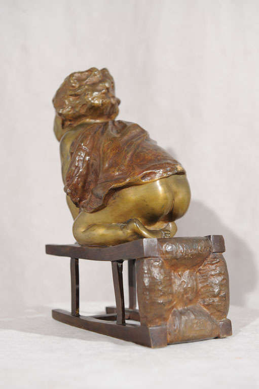 Spanish Bronze Statue of Toddler Climbing on Chair by Juan Clara ca. 1900 For Sale