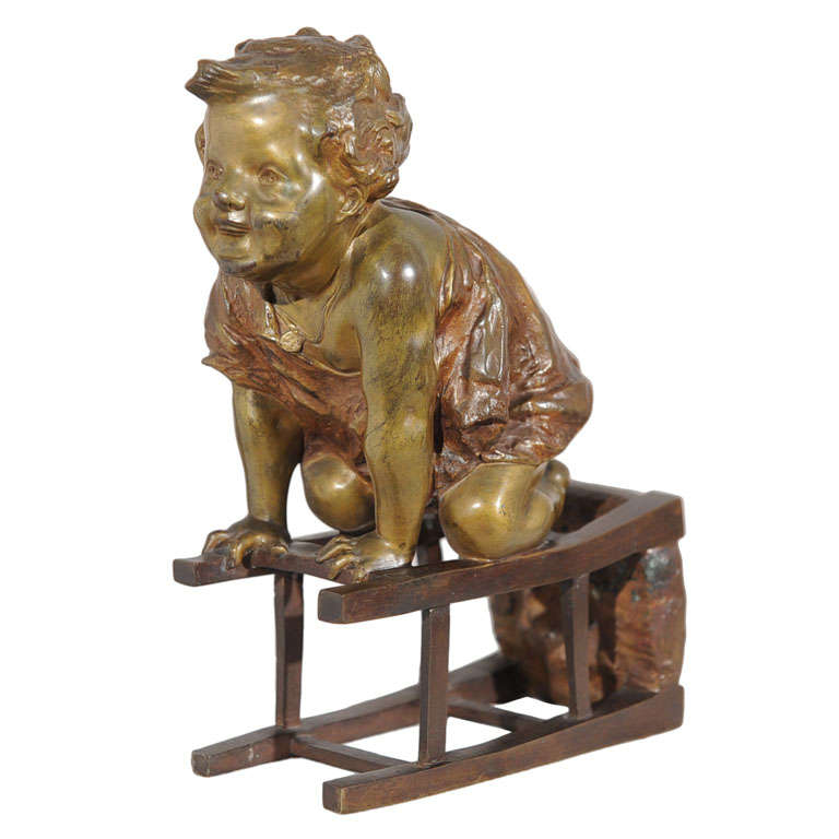 Bronze Statue of Toddler Climbing on Chair by Juan Clara ca. 1900