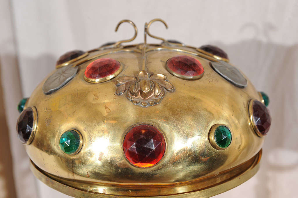 American Art Nouveau Brass and Jeweled Lamp