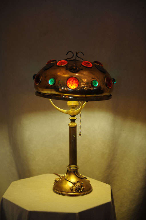 Art Nouveau Brass and Jeweled Lamp 3