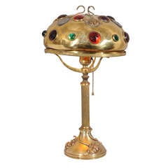 Antique Art Nouveau Brass and Jeweled Lamp