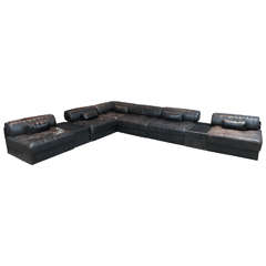 De Sede DS88 Black Leather Sofa, Side Tables and Ottoman, Switzerland, 1970s