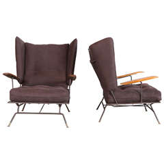 Pair of Iron Frame Wingback Armchairs and Ottoman, USA, 1950s