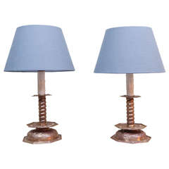 A pair of Swedish Wrought Brass Candlesticks, now mounted as Table Lamps