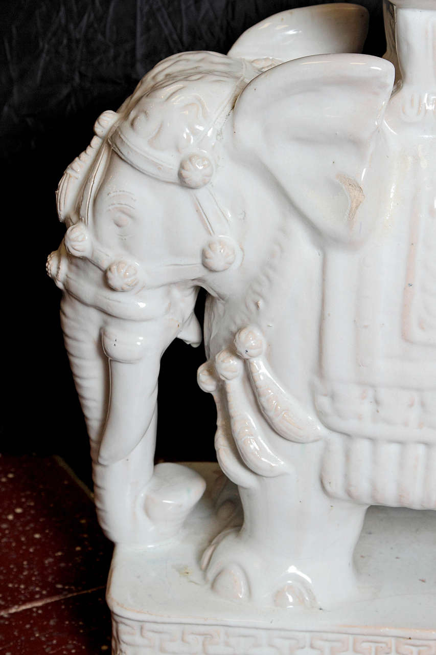 Glazed Pair of White Ceramic Elephant Tables