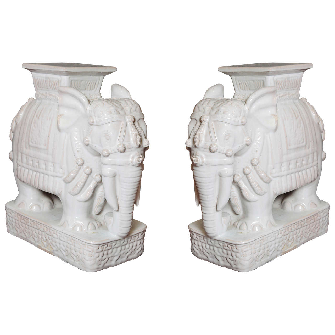 Pair of White Ceramic Elephant Tables