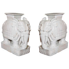 Pair of White Ceramic Elephant Tables