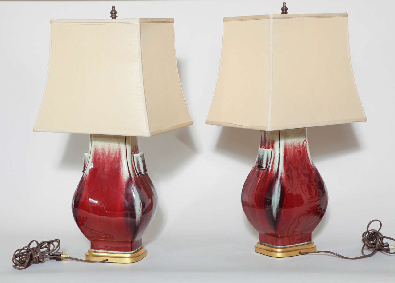 Pair of Chinese Flambe Hu Form Vases Mounted as Lamps 3