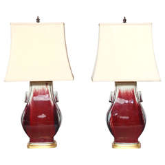 Pair of Chinese Flambe Hu Form Vases Mounted as Lamps