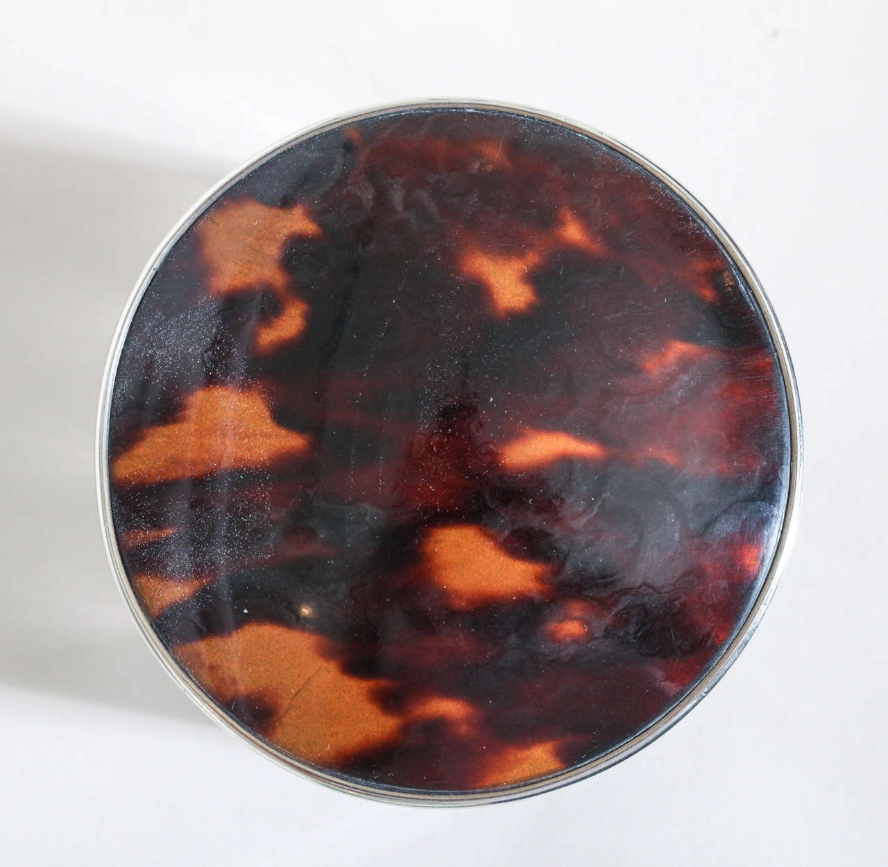 English Art Deco Crystal, Faux Tortoiseshell & Sterling Silver Round Box In Excellent Condition In New York, NY