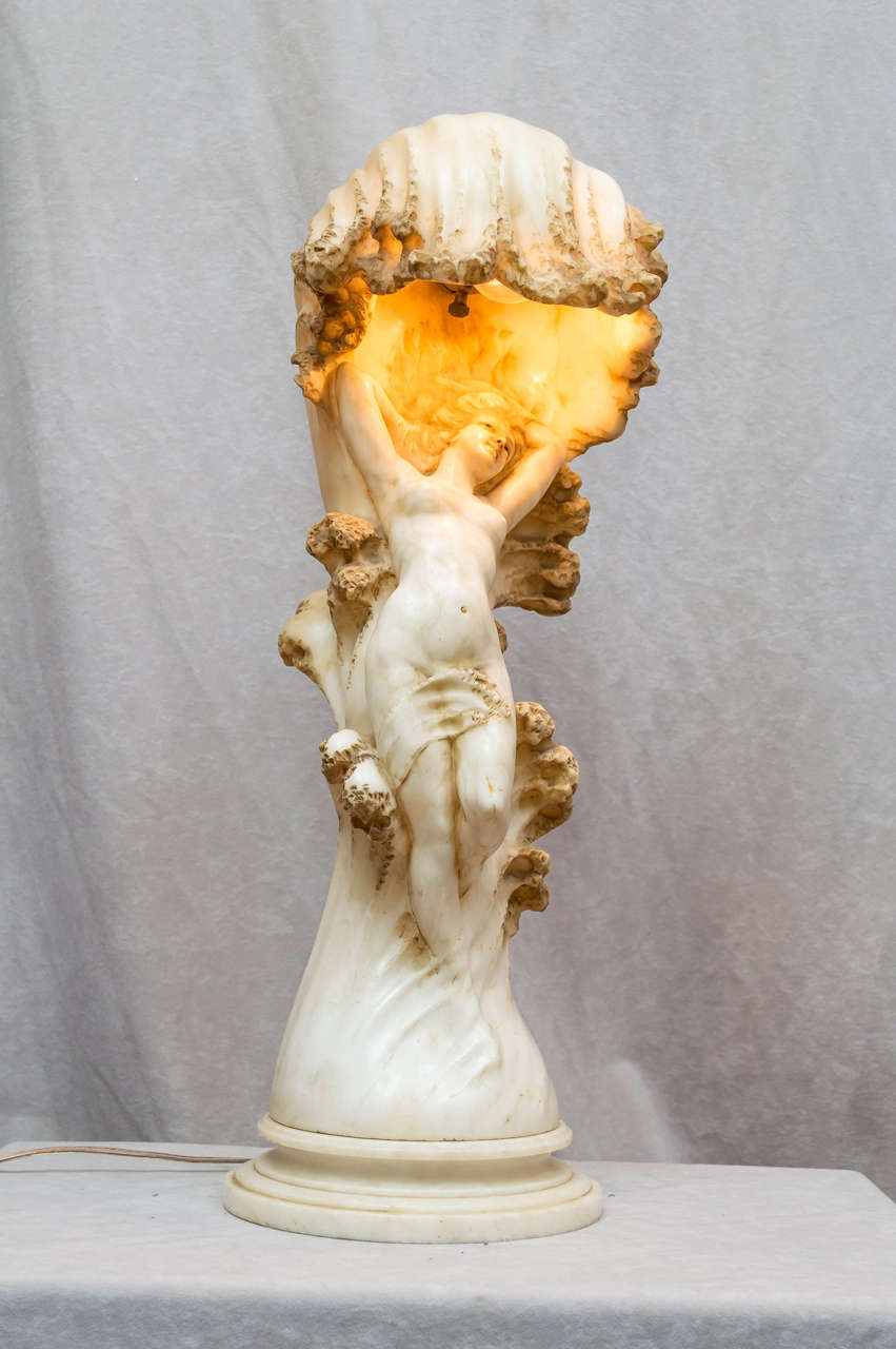 Carved Alabaster Lamp of an Art Nouveau Beauty
