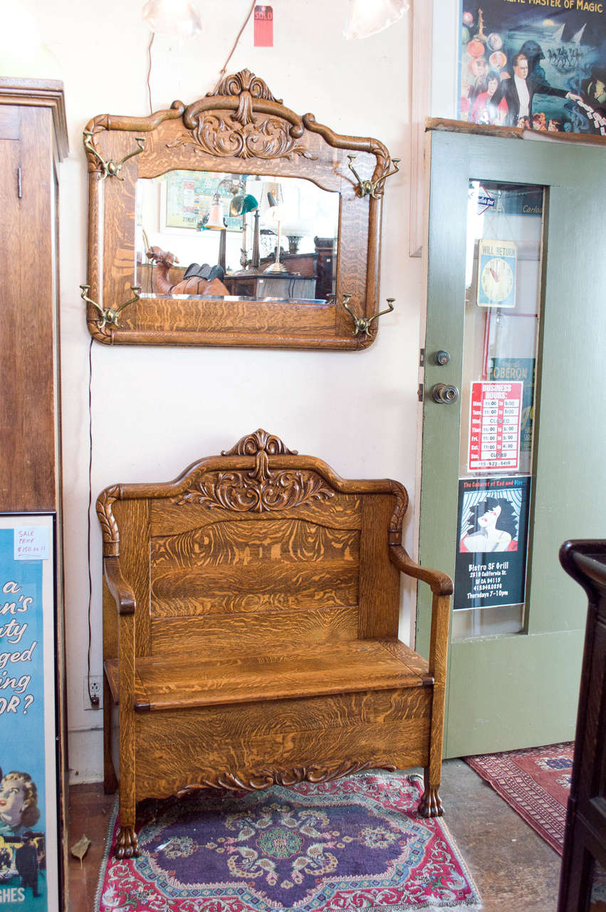 While we frequently get American oak hall trees with a seat and hooks, we never see them as two separate pieces of furniture. This gives you the option of using them in different places, and adjusting the total height. Professionally refinished to