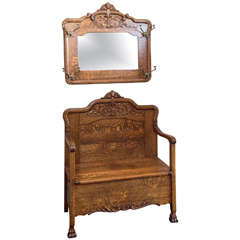 Antique Super Quarter Sawn Oak Hall Bench with Matching Mirror with Hooks