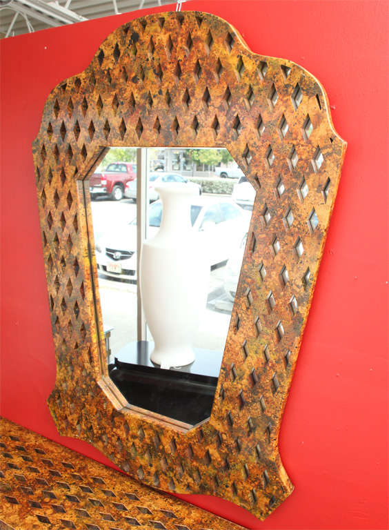 Sleek and unusual mid century mirror and console with interesting diamond cut out pattern. (Can be sold seperately)