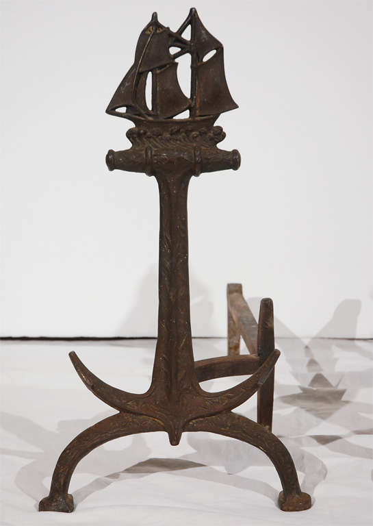 FOLKY & VERY UNUSUAL ANDIRONS NAUTICAL 19THC CAST IRON SHIP & ANCOR ANDIRONS.THIS WONDERFUL ORIGINAL WORN PATINA ANDIRONS ARE GREAT FOR A BEACH HOUSE AND ARE IN GREAT AS FOUND CONDITION.THE PAIR OF ANDIRONS CAME FROM THE STATE OF MAINE.