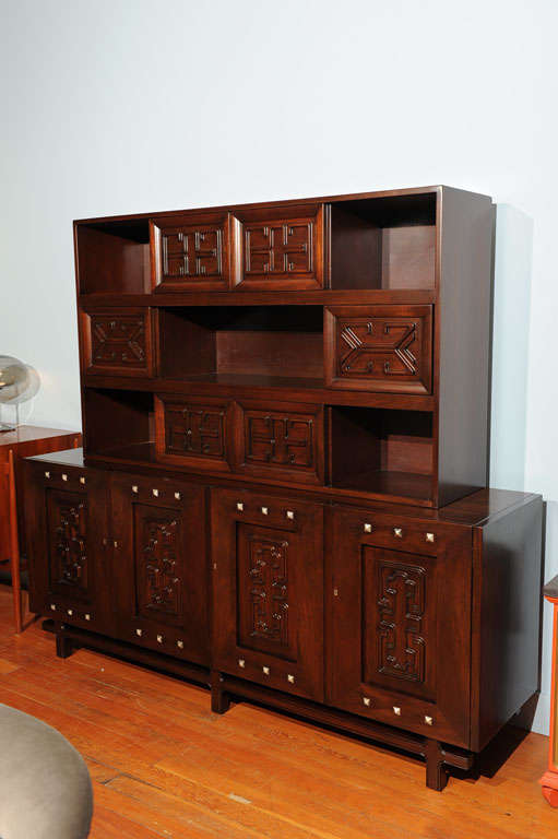 Impressive Edmond Spence design buffet incorporating machine age and Mexican motif. Solid mahogany with fitted interiors, completely refinished.
Price reduced from $14,500.00 to net $6800.00.