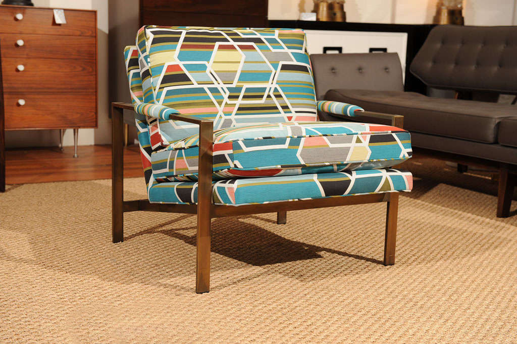 Milo Baughman design club chair in rare bronze finish, newly upholstered in Maharam designer fabric.