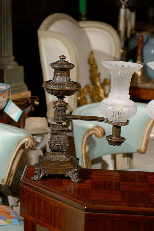 Pair of circa 1827-1847 Bronze Argand Lamps with Crystal Globes by B. Gardiner In Good Condition In Atlanta, GA