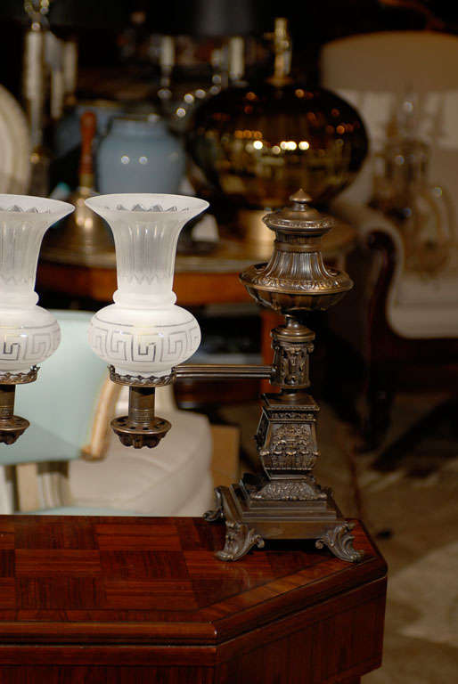 19th Century Pair of circa 1827-1847 Bronze Argand Lamps with Crystal Globes by B. Gardiner