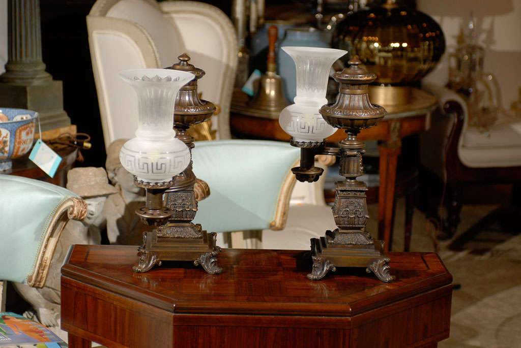 Pair of circa 1827-1847 Bronze Argand Lamps with Crystal Globes by B. Gardiner 4