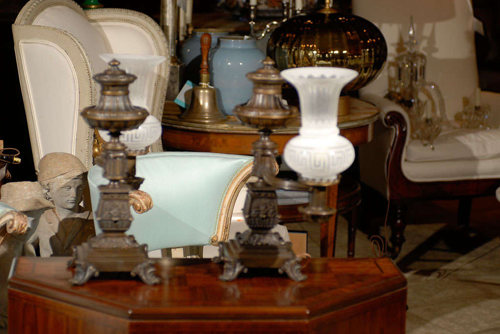 Pair of circa 1827-1847 Bronze Argand Lamps with Crystal Globes by B. Gardiner 5