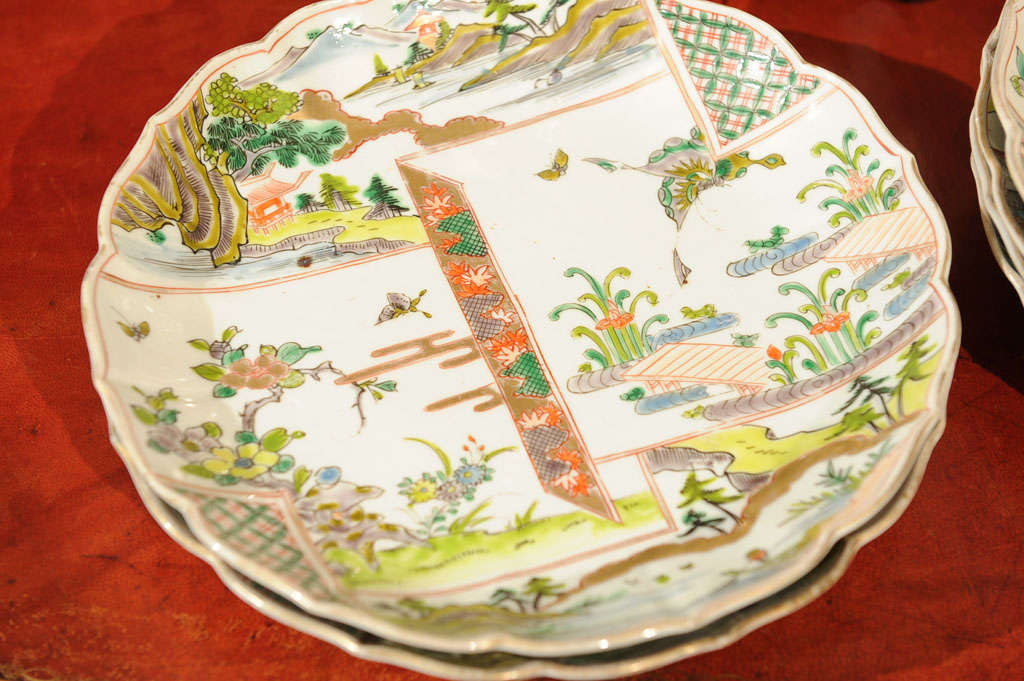 Set Of Eight Japanese Imari Polychrome Porcelain Serving Plates For Sale 1