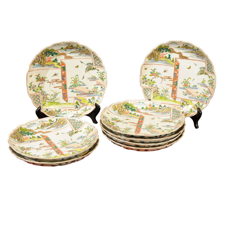 Set Of Eight Japanese Imari Polychrome Porcelain Serving Plates For Sale