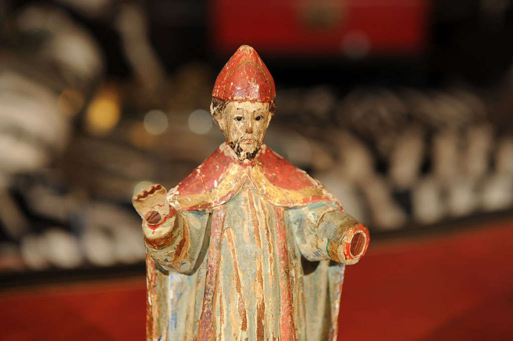 Brazilian Colonial Carved Wood and Polychrome Figure of a Bishop For Sale