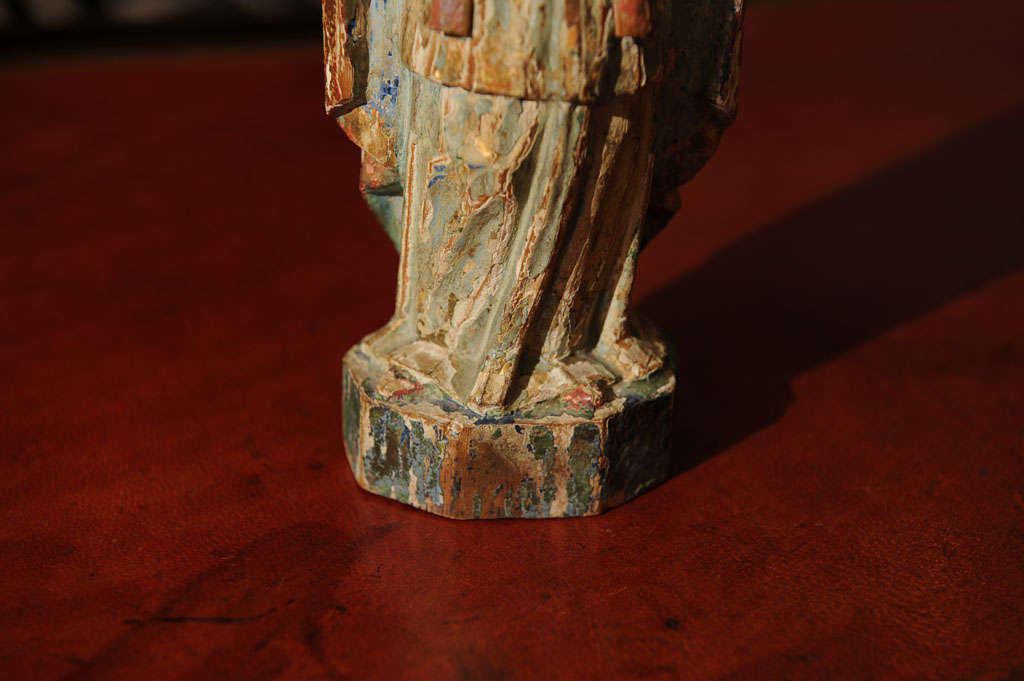 Painted Colonial Carved Wood and Polychrome Figure of a Bishop For Sale