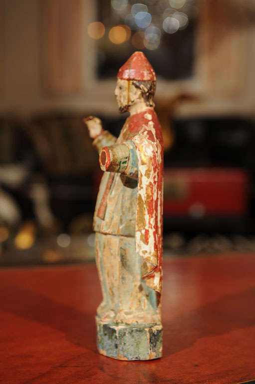 Colonial Carved Wood and Polychrome Figure of a Bishop In Distressed Condition For Sale In San Francisco, CA